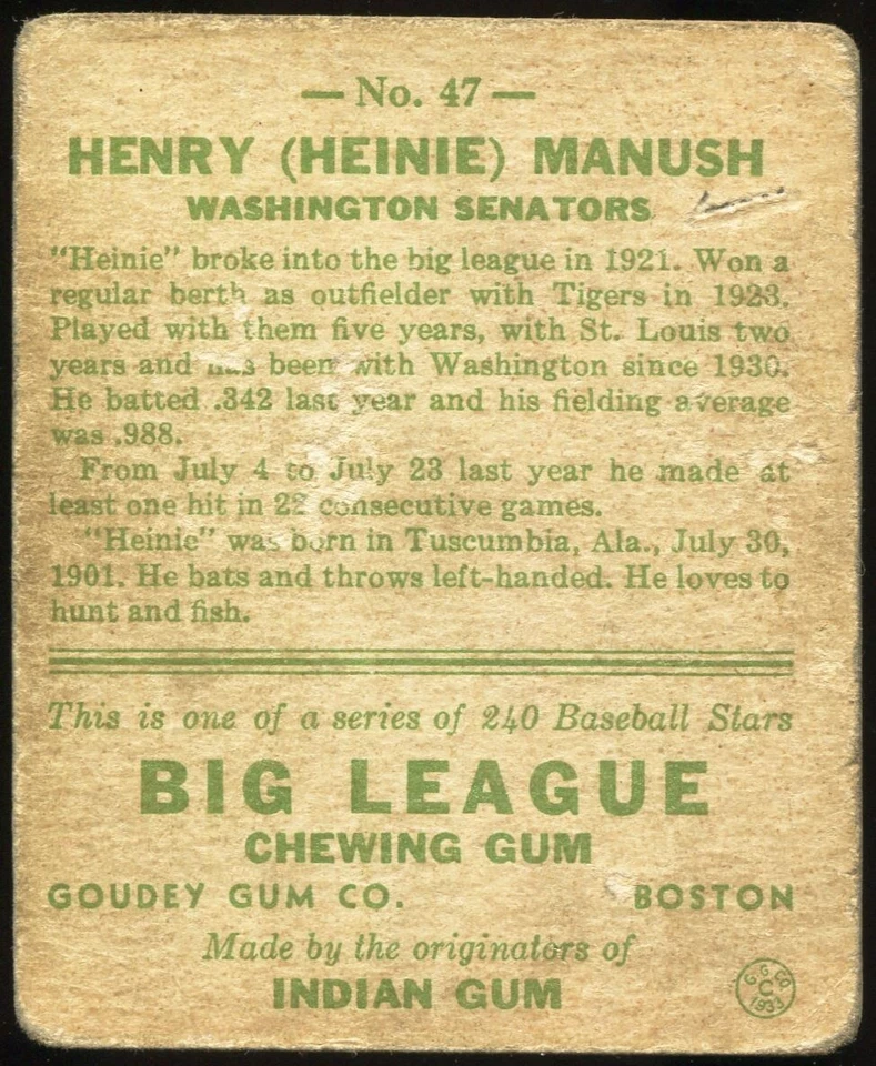 Heinie Manush 1933 Goudey #47 RC Rookie Autógrafo Salón de la Fama d. 71 ¡DURO! Foto 2 de 2