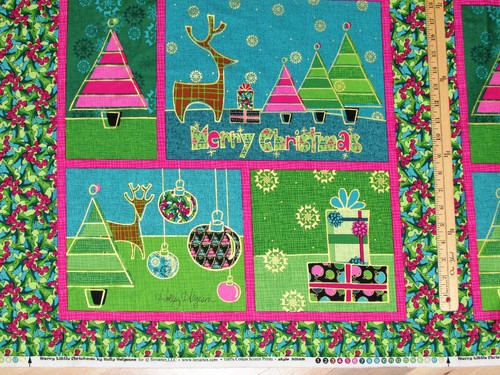 Merry Little Christmas Reindeer Sleigh Metallic Fabric Panel 23" #3024M - Picture 2 of 3