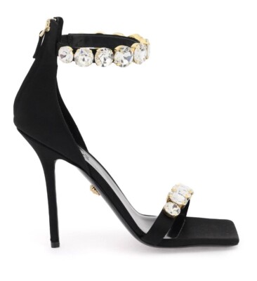 【関税&送料込み】Versace Sandals New VERSACE Satin Sandals 110mm Embellished Crystals Ankle