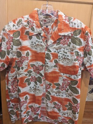 Hilfiger Mens orange green Hawaiian Button Down Short Sleeve L Large 100% cotton