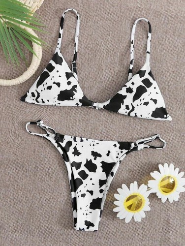 Badeanzug Damen Mini Micro Bikini Set Kuh Print Gerippt Kette Schwimmen Strandkleidung - Bild 5 von 17