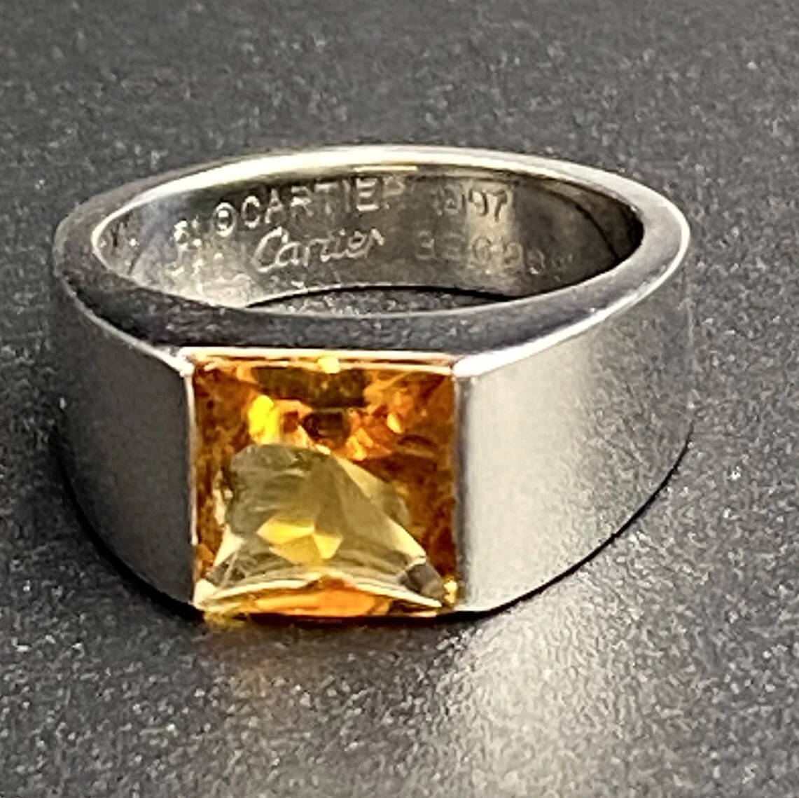 Cartier 18k White Gold Citrine Tank Ring 1997 size EU 51 US 5.75