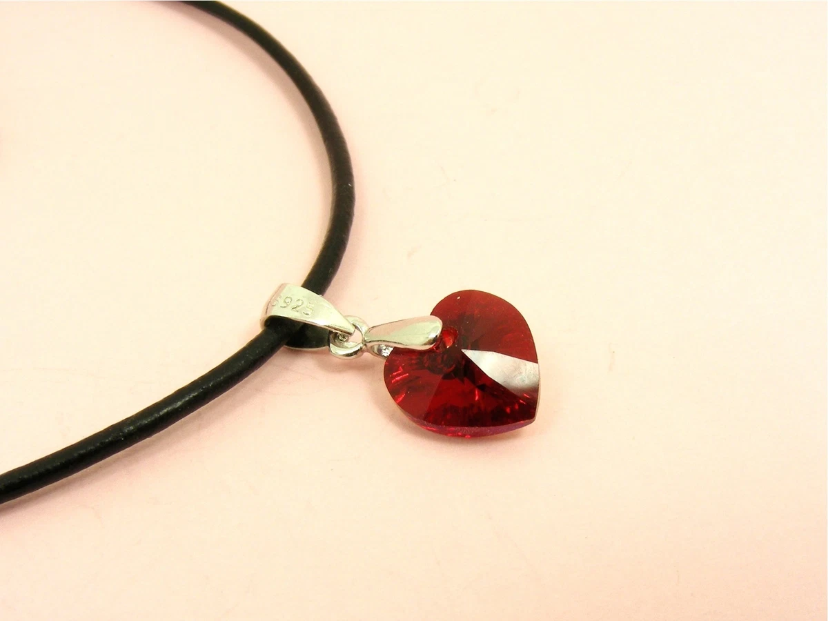 Genuine LEATHER Cord NECKLACE Made w Swarovski Crystal HEART Birthstone 925 BAIL