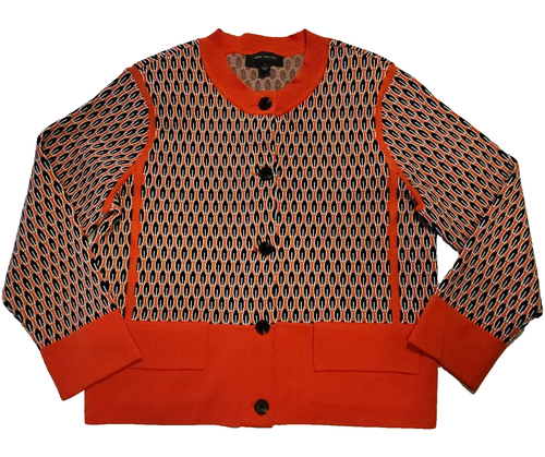 Ann Taylor Retro Geo Print Sweater Womens Small Coral 3/4 Sleeve Jacket Cardigan - Picture 4 of 11