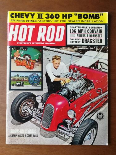 Hot Rod Magazine March 1962 - Chevy II - Corvair Dragster - HRM XR-6 - IXG Ghia  - Photo 1/2