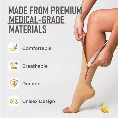 L/XL Open Toe Zipper Compression Socks Support Graduated Unisex 20-30mmHg - Picture 4 of 6