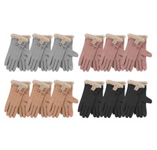 12 Pack Of Women's Elegant Faux Fur Lined Warm Winter Touchscreen Gloves