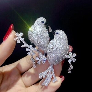 Authentic 3Ct Round Cut Real Moissanite Women's Double Birds Brooch 14K White Gold Plated