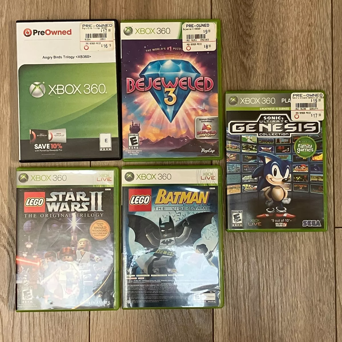 5pc Xbox 360 Video Game Lot - Bejeweled Lego Batman Pure Star Wars Sonic