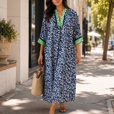 Oscar de la Renta Leopard Print Mumu Caftan Maxi Dress Blue Green Women's XS