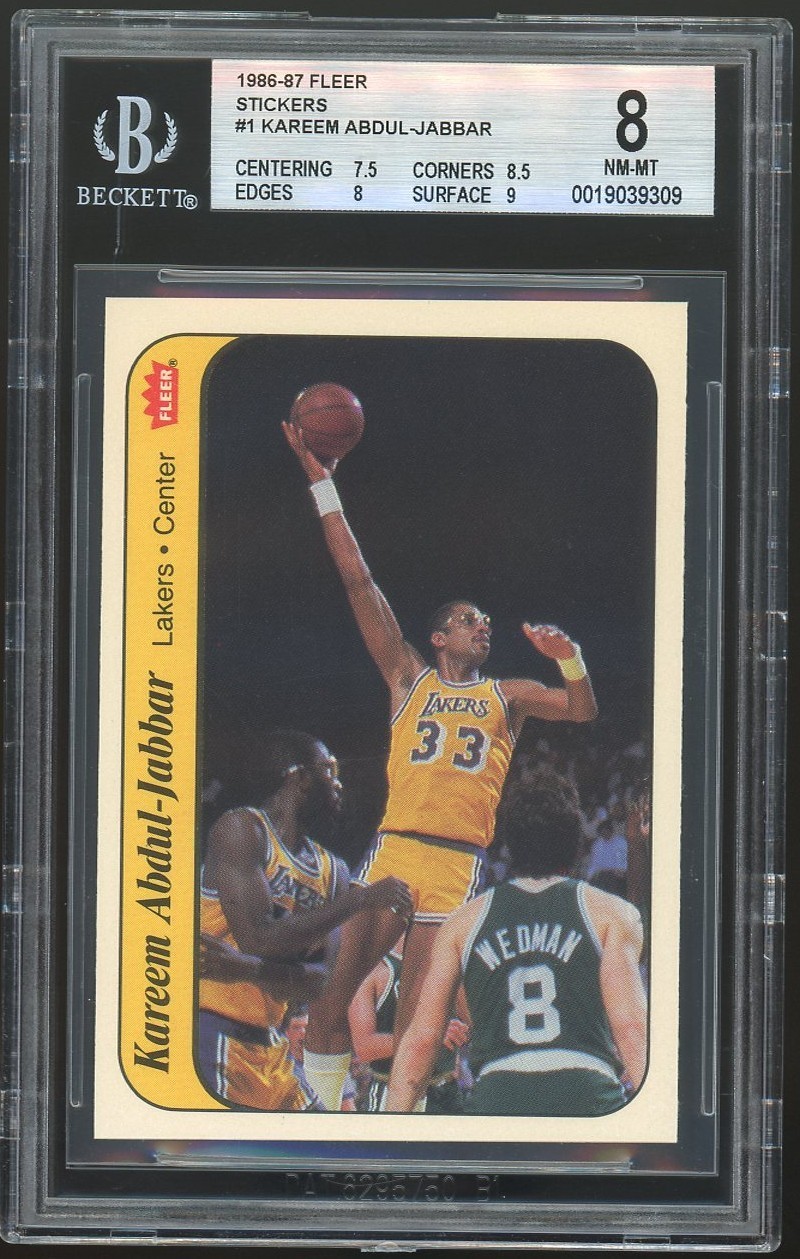 1986 FLEER STICKERS #1 KAREEM ABDUL-JABBAR BGS 8 NM-MT (7.5, 8.5, 8, 9)