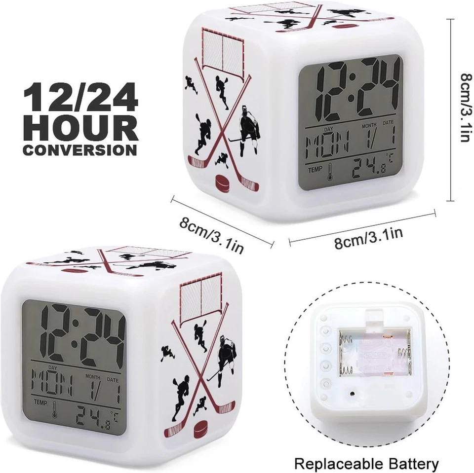 Reloj despertador de pelota de hockey para niños niño niña 7 LED cambio de color reloj despertador hom Foto 2 de 4