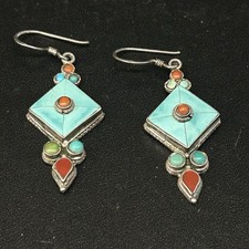 Tibetan 925 Silver Turquoise  Coral Inlay Dangle Earrings