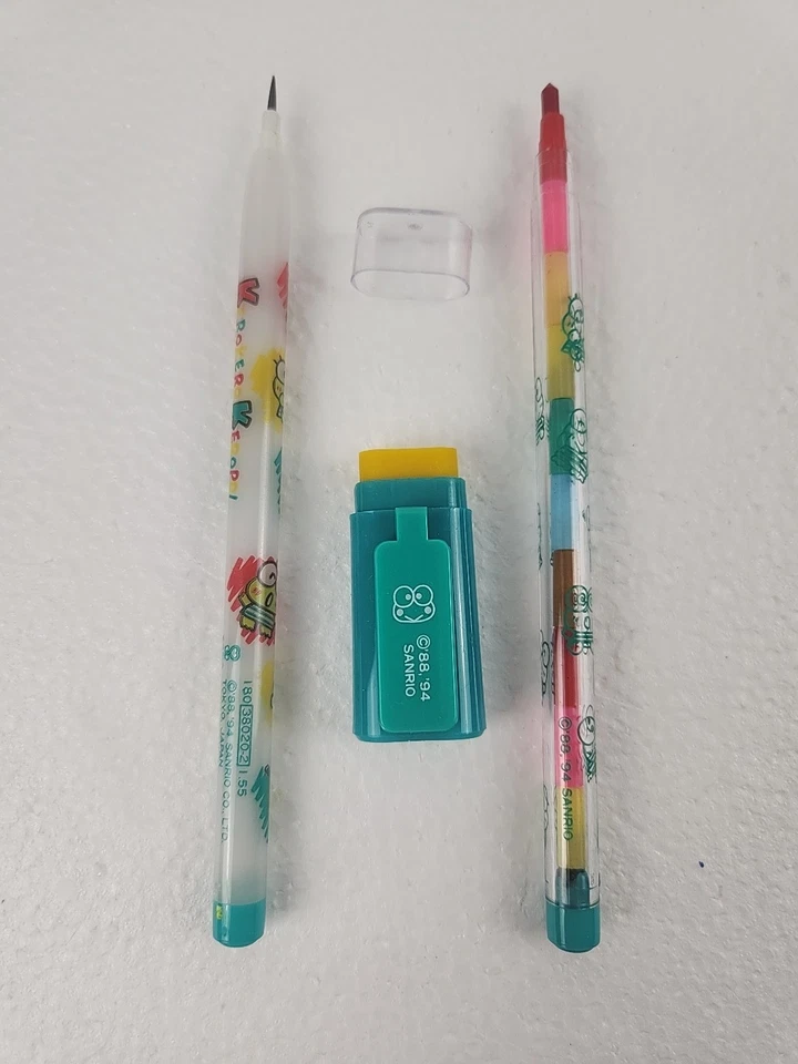 Sanrio Keroppi Non-Sharpening Pencil Crayon Eraser Set Trio Vintage '88-'94 RARE - Image 2 of 4