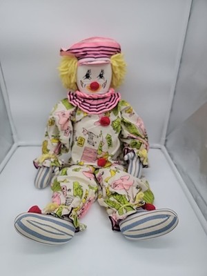 Vintage Homemade Plush Smiling Circus Clown Doll Cloth Creepy Zoo 24'' Yarn 