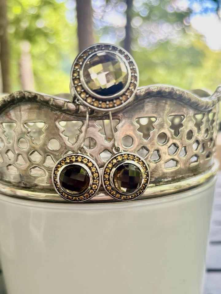 VTG Sterling HUGE Smokey Topaz Main Stone W/Citrine Halo Ring & Earring Set Sz 7 - Image 2 of 4