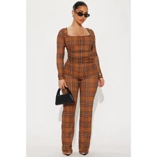 Fashion Nova Clued In Plaid Jumpsuit Brown Combo Mesh Long Sleeve Square Neck XL