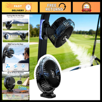 Magnetic Golf Cart Fan with Mist & Light, 12000mAh Power Bank, Rechargeable Port