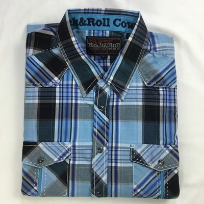 Rock & Roll Cowboy Mens Shirt L Long Sleeve Western Blue Plaid Pearl Snaps Rodeo