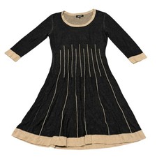 Y2K Nine West Knit Sweater Dress Black Tan Trim Small Fit Flare Retro