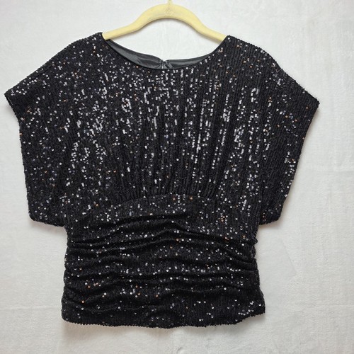 Nicole Miller schwarze Damenbluse Pailletten geraffte Taille Größe Medium neu mit Etikett - Bild 5 von 11