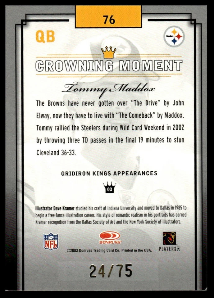2003 Donruss Gridiron Kings #76 Tommy Maddox Gold #/75 - Image 2 of 2