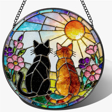 Stained Glass Window Hanging, 7.8" Charming Black Orange Cat Couple Garden Sunca
