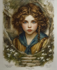 8x10 Cozy Storybook Woman with Long Hair Art Print Cottagecore - 916377173