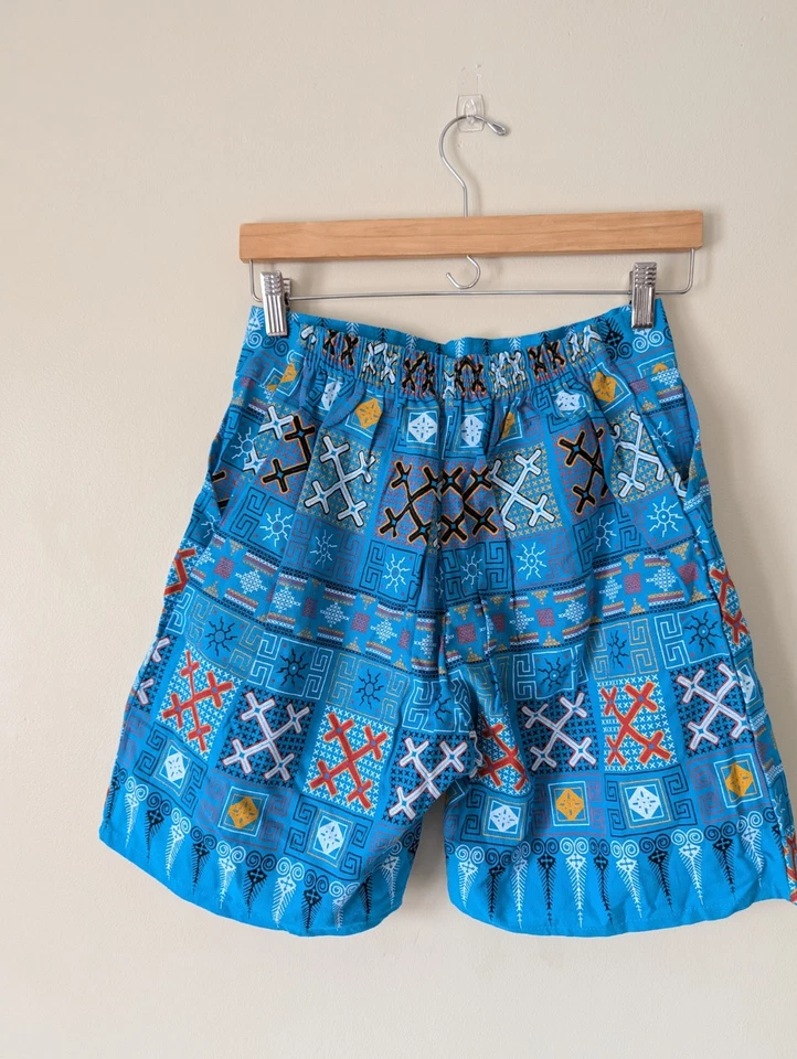 Pantalones Cortos De Colección Hechos a Mano de Tiro Alto M Azul Agua Bolsillos Tribales Sol Años 80 90 Foto 3 de 4