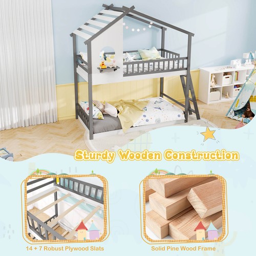 Twin over Twin House Bunk Bed with Roof Ladder & Full-length Guardrails for Kids - Picture 7 of 10