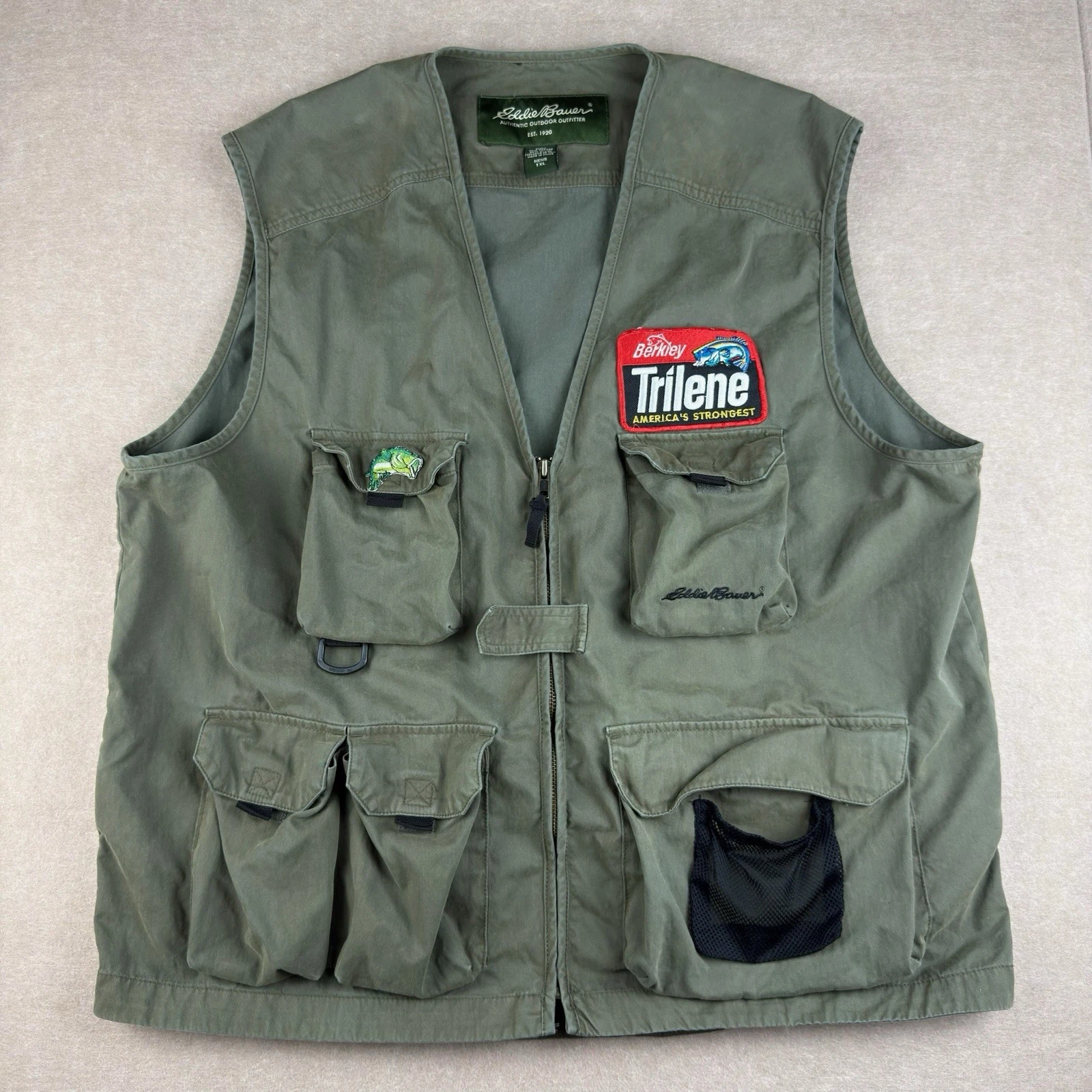 Eddie Bauer Fishing Vest Men TXL Green Trilene Patch Utility Pockets Outdoor