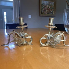Antique Victorian Bronze Winged Griffin Dragon Chamber Candle Holder Set Of Two