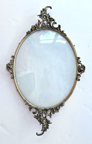 Antique Victorian Oval Convex Bubble Glass Brass Metal Picture Frame 13" x 21"