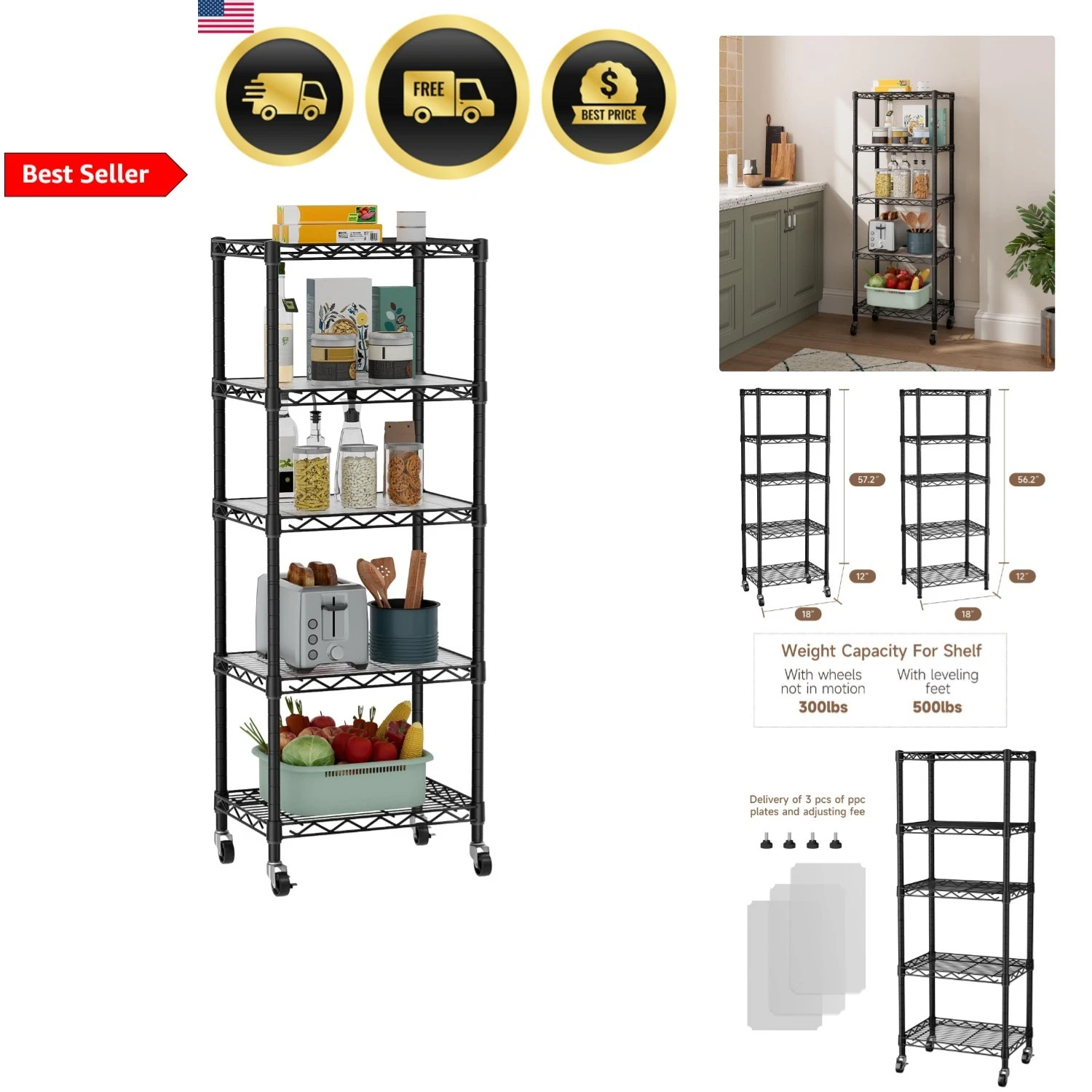 Metal Wire Shelving Unit Storage Organizer With Wheels for Bathroom Kitchen L...