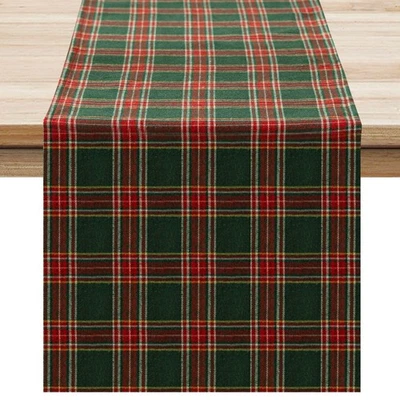 Softalker Christmas Checkered Tartan Cotton Table Runner - Green Buffalo Plaid