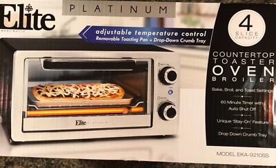 Elite Platinum Countertop Toaster Oven Broiler 4 Slice Capacity EKA-9210SS NIB