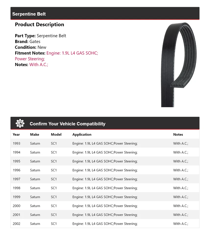For 1993-2002 Saturn SC1 1.9L L4 GAS SOHC Serpentine Belt Gates 1994 1995 1996 - Image 2 of 4