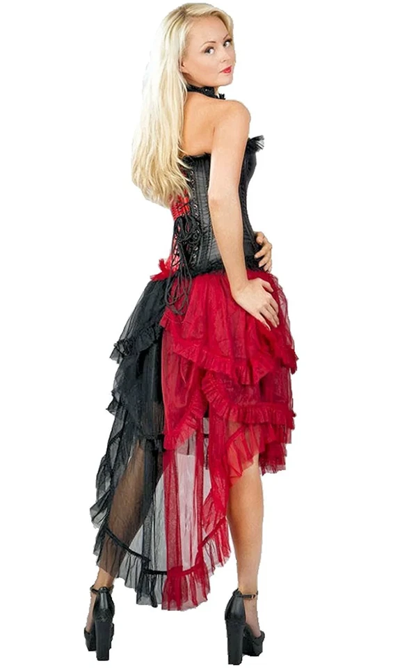Conjunto de 2 piezas de corsé y falda para mujer negro rojo arlequín sexy disfraz malla satinada Foto 2 de 4