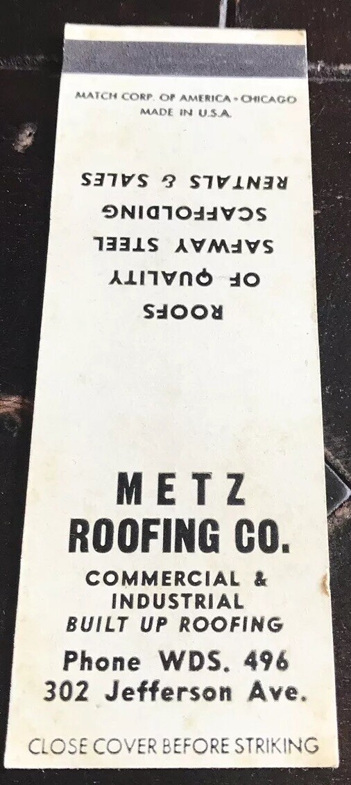 Matchbook Cover Metz Roofing Co. 302 Jefferson Ave. eBay
