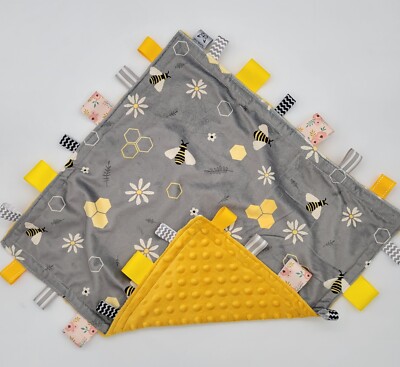 Handmade Gray Bear faced baby Double minky Taggie Tag security blanket 20 x 20.