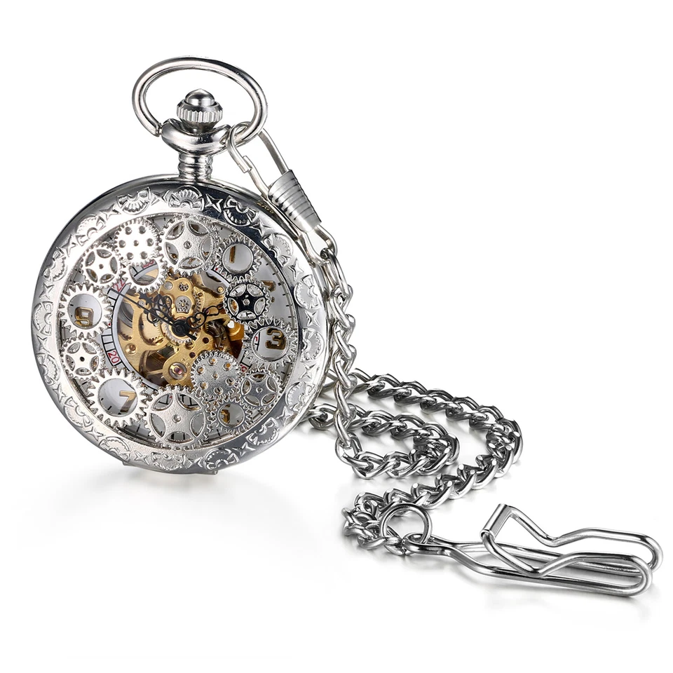 Reloj Bolsillo Mecánico Vintage Hombre Mujer Tono Plateado Steampunk Cadena Esqueleto Foto 2 de 4