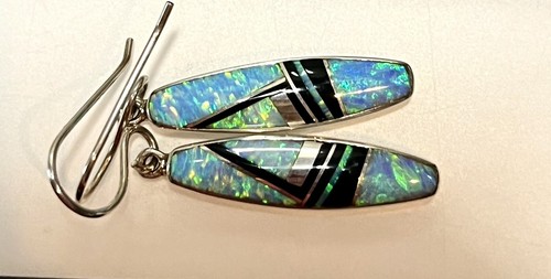 Opal And Onyx Inlay signed Sterling Silver Drop Dangle Southwestern Earrings - Picture 3 of 5