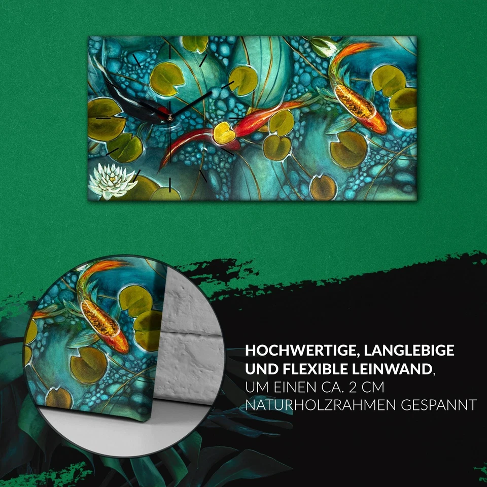 Leinwand Uhr Küche Wohnzimmer Bild 60x30 Malerei Fische Koi Blumen Natur Kunst - Bild 2 von 4