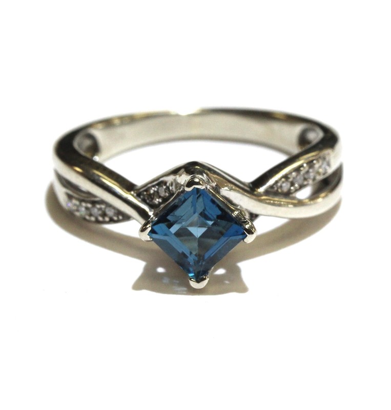 10k white gold .12ct diamond princess london blue topaz gemstone ring 3.3g 5.75