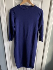Talbots Woman Sweater Dress Navy Blue Merino Wool Blend 3/4 Sleeve Midi Size X