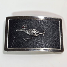 Roadrunner Belt Buckle Silver Tone Black Leather Red Gemstone Eye