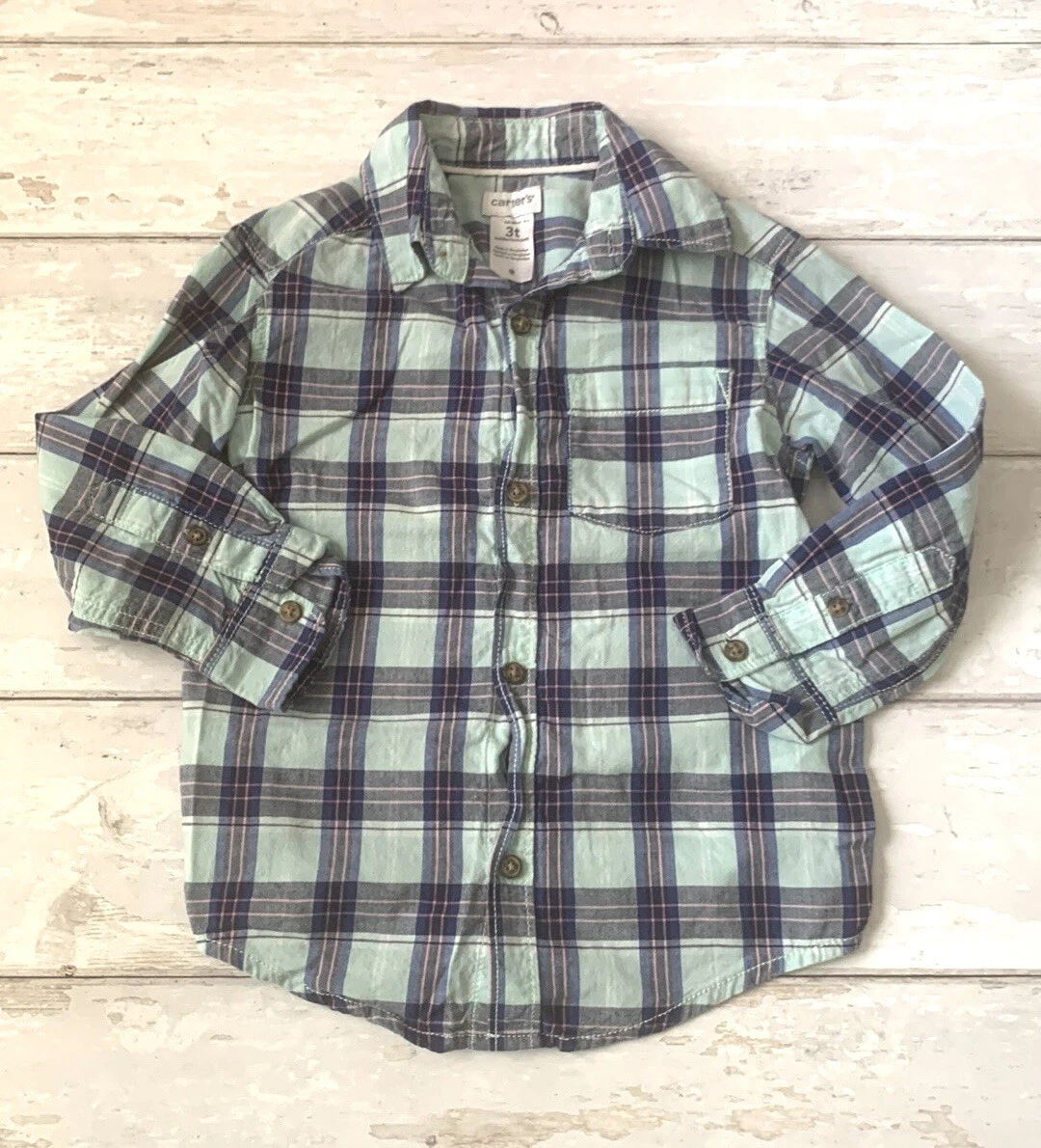 Carters 3T Boys Blue Plaid Long Sleeve Button Down Shirt Kids