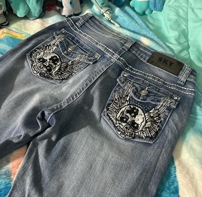 SKY Premium Collection Girls Bootcut Jeans 9/10 Blue Skull Embroidered Pockets