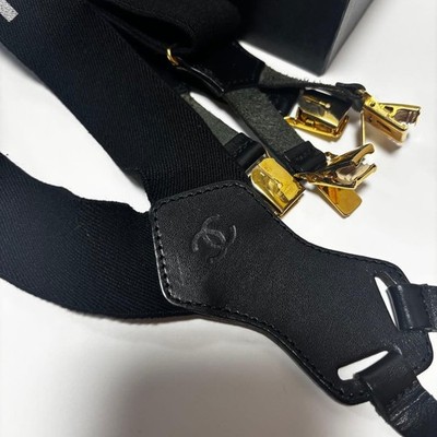 CHANEL CC Suspenders Black White Gold Canvas Leather Vintage With