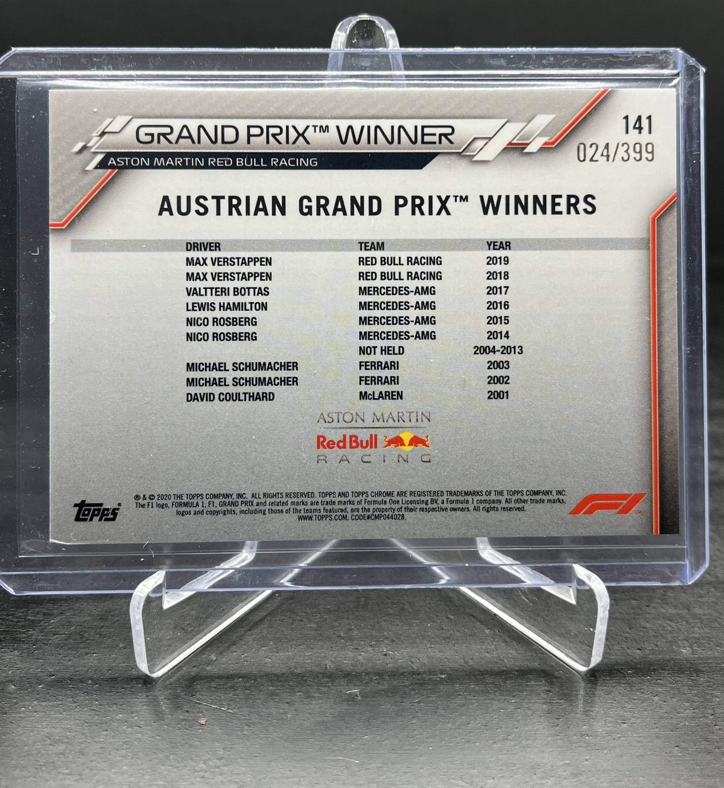 2020 Topps Chrome Formula 1 F1 Max Verstappen Purple Refractor 24/399 #141 view 2